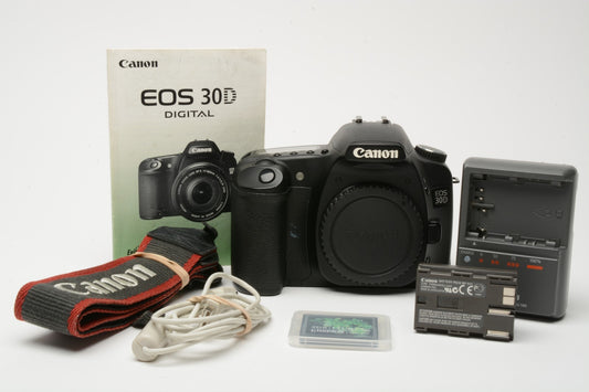 Canon EOS 30D DSLR Body, batt+charger+strap+USB+4GB CF card, tested