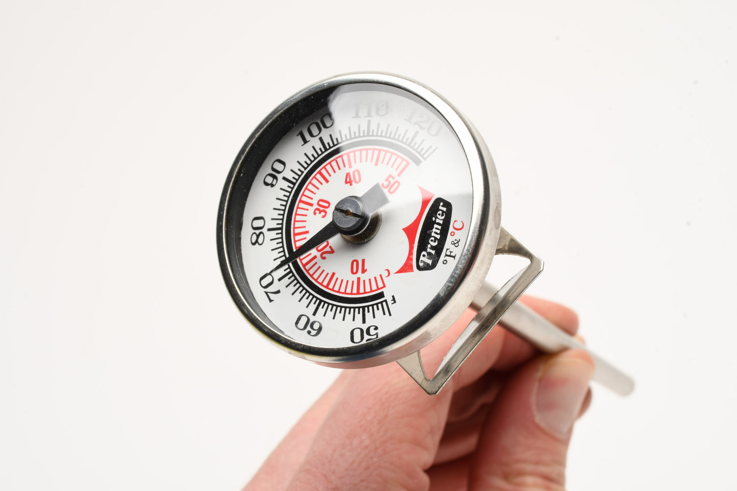 1.5" Premier Dial thermometer w/5.5" post + tray clip 50-`20 degrees F