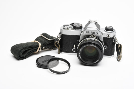 Nikon FM Chrome Body 35mm SLR w/50mm f1.8 lens, New seals, Tested, Great!