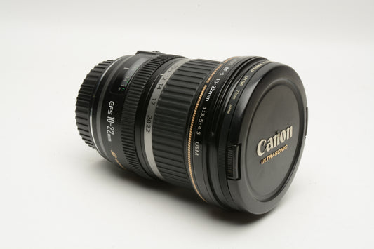 Canon EFS 10-22mm f3.5-4.5 USM zoom lens, caps, pouch +UV