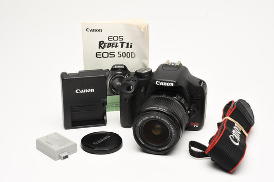 Canon T1i DSLR w/18-55mm IS zoom, batt, charger, 9K Acts, nice!