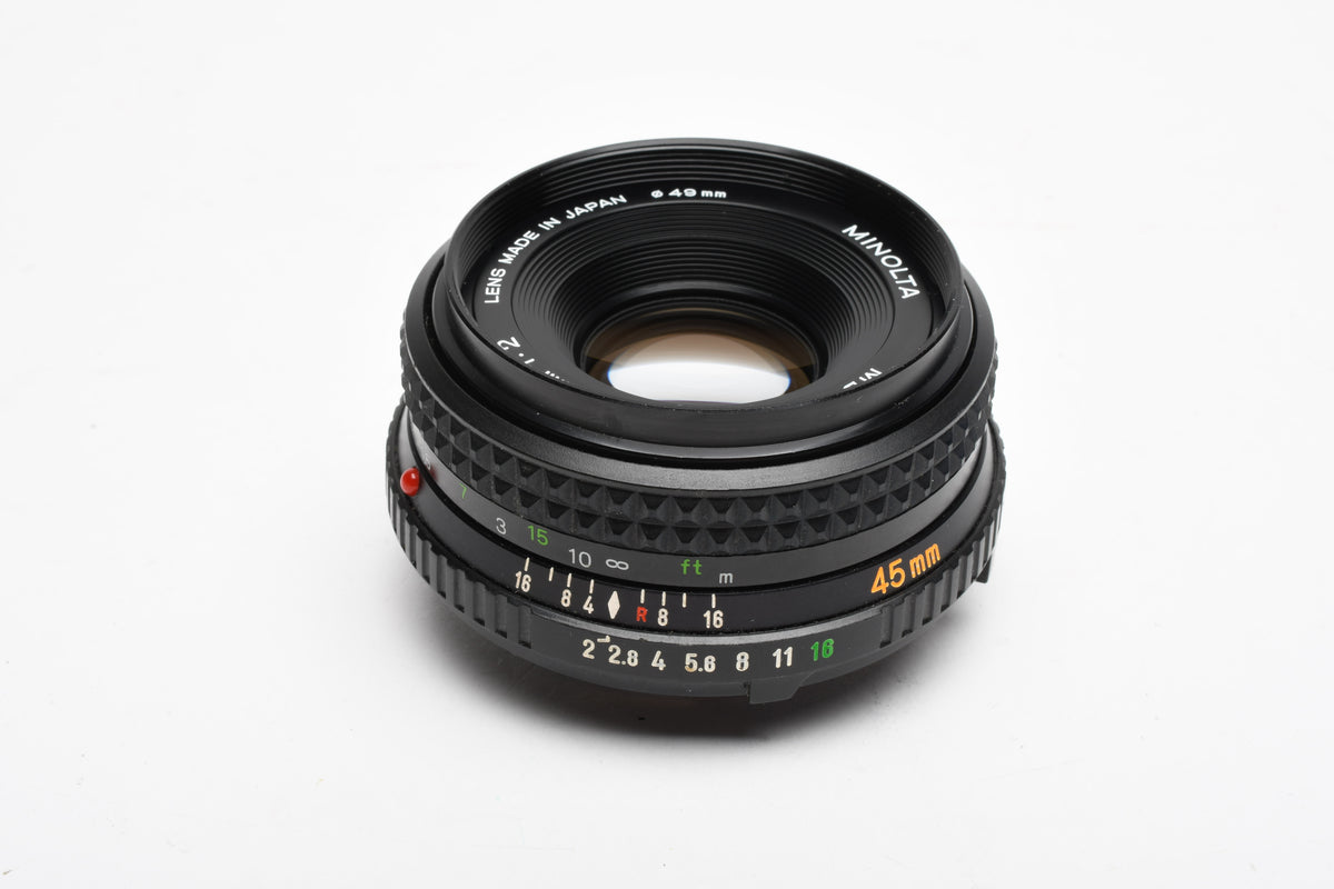 Minolta MD Rokkor-X 45mm f2 Pancake lens, lens caps, clean and sharp