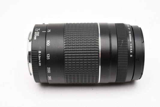 Canon EF 75-300mm f4-5.6 III Telephoto zoom lens, caps, UV, tested, Boxed
