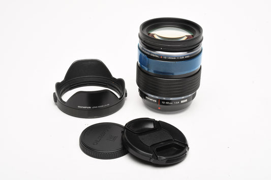 Olympus M. Zuiko Pro 12-40mm f2.8 lens (Black), caps, hood, Good!