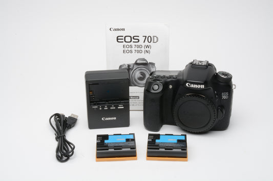 Canon EOS 70D DSLR Body w/2batts, charger, manual, USB, 67K Acts, tested