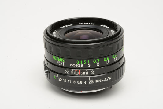 Vivitar 28mm f2.8 MC wide angle PK mount, very clean, caps + instructions