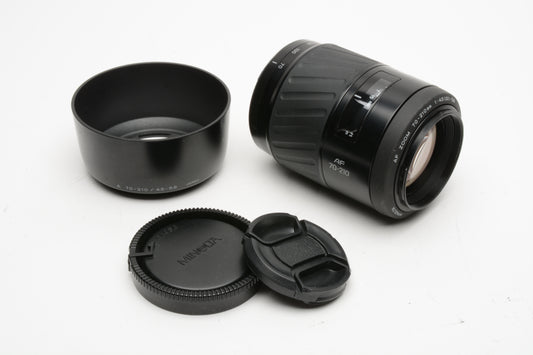 Minolta Maxxum AF 100-300mm f4.5-5.6 Zoom lens, Caps, Hood+UV, Great