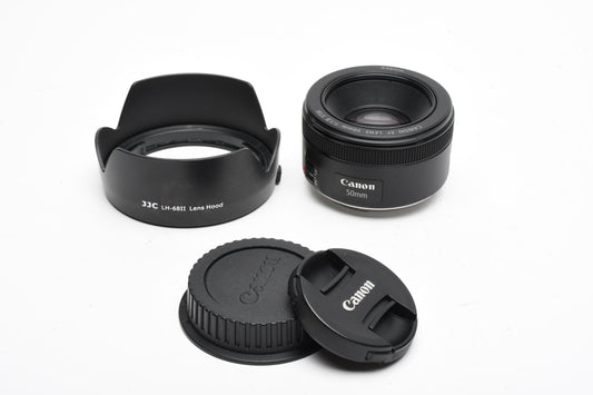 Canon EF 50mm f1.8 STM prime lens, caps, Hood, Great