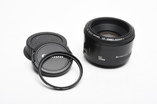 Canon EF 50mm f1.8 II prime lens, caps, Clean, + UV filter