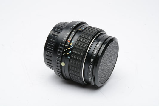 Pentax-M SMC 50mm f1.4 prime lens, caps, Skylight filter + case, clean & sharp