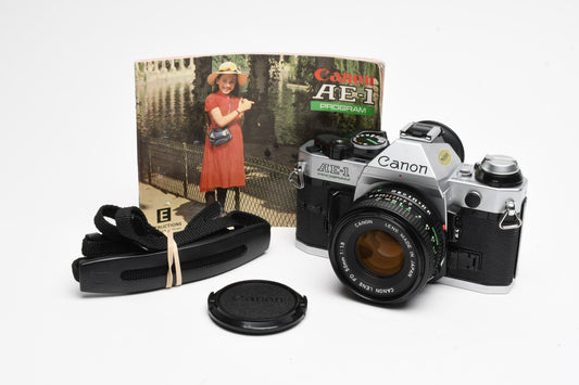 Canon AE-1 Program 35mm SLR Camera w/50mm f1.8, New Seals, Manual, Great!