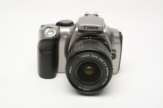 Canon Digital Rebel DSLR w/18-55mm f3.5-5.6 zoom lens, Boxed, 2batts+charger Mint-