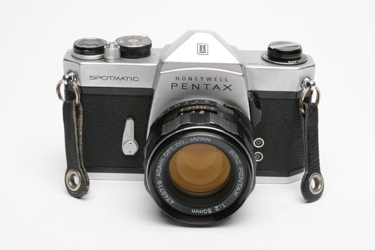 Pentax Spotmatic SP chrome 35mm SLR w/50mm F2, case, cap, strap, new seals, nice!
