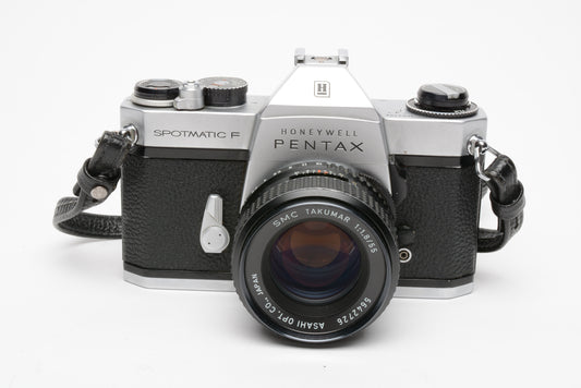 Pentax Spotmatic SP F chrome 35mm SLR w/50mm F1.8, case, cap, new seals, nice!