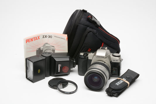 Pentax ZX-30 QD 35mm SLR w/Pentax-FA 28-80mm 3.5-5.6 lens, strap, UV, case +flash