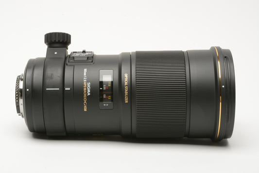 Sigma 180mm f2.8 APO EX DG OS HSM Macro lens for Nikon AF, boxed, hood+86mm UV