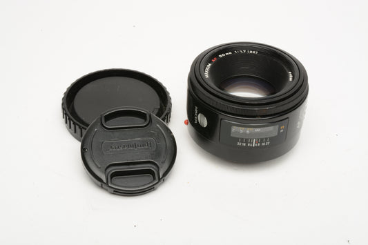 Minolta Maxxum 50mm F1.7 AF Lens, caps, sharp, nice prime lens! Sony A