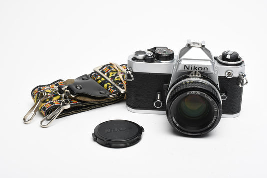 Nikon FE 35mm SLR w/Nikkor 50mm f1.8 Lens, Strap, New Seals, Great!
