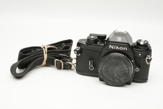 Nikon EM 35mm SLR Body Only, New Seals, Strap, Cap, Tested, Clean