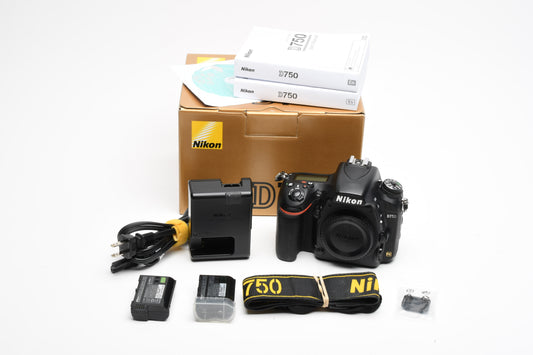 Nikon D750 DSLR Body w/2X batts, charger, strap, manuals, boxed 53K acts Clean