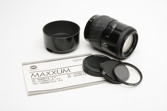 Minolta Maxxum AF 70-210mm f3.5-4.5 zoom, caps, UV, hood, Sony A mount