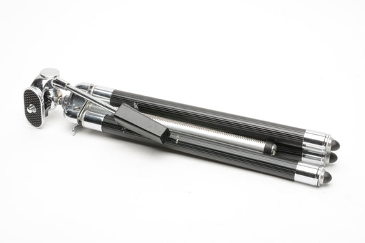 "M" aluminum vintage tripod w/accordion legs, pan head, case, nice!