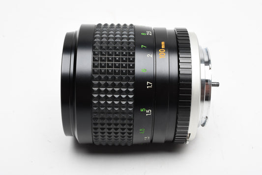 Minolta Rokkor-X 100mm f2.5 MD lens, Hood, Cap, Jewel case, Mint-