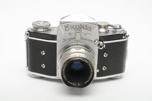 Jhagee Exakta VX w/Zeiss Tessar 50mm f2.8, case, tested, very nice!