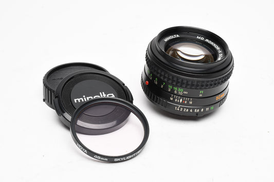 Minolta MD Rokkor-X 50mm f1.4 MD mount lens, w/Caps, Sky, Nice!