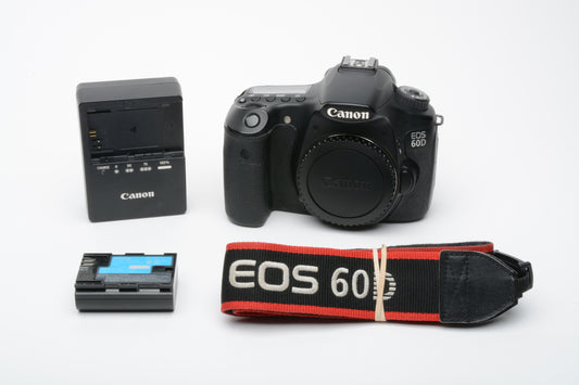 Canon EOS 60D DSLR Body w/battery, charger, strap, 44K acts, tested, great!