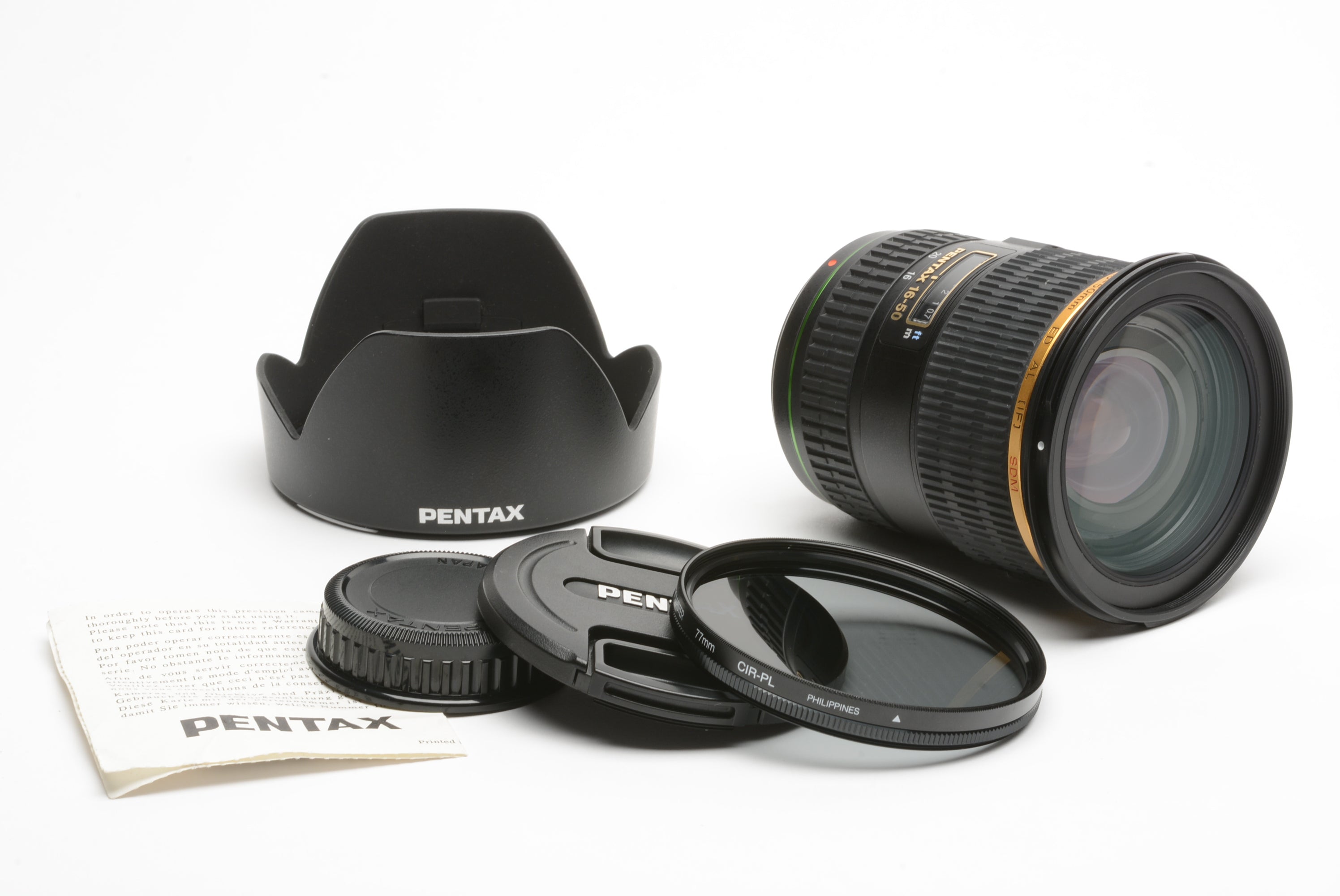 Pentax-DA* SMC AF 16-50mm f2.8 ED AL zoom lens, hood, caps, +77mm