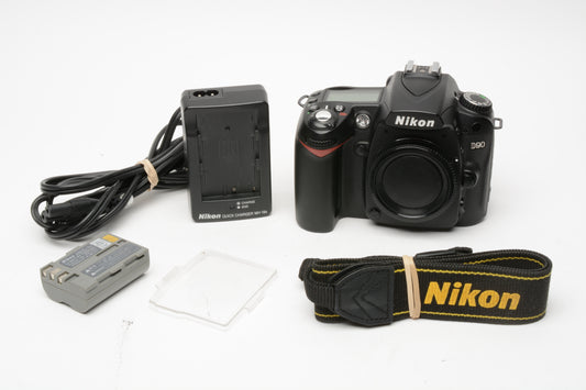 Nikon D90 DSLR body, batt, charger, strap, Only 15,741 Acts, very clean, tested