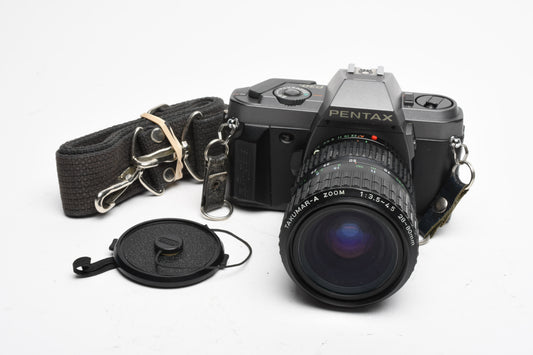 Pentax P30T 35mm SLR w/Takumar-A 28-80mm zoom, strap, tested, *Read