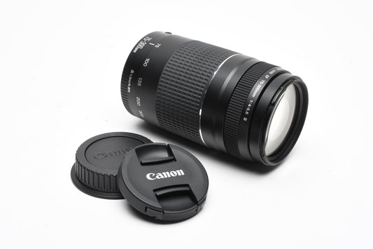 Canon EF 75-300mm f4-5.6 III Telephoto zoom lens, caps, Versatile