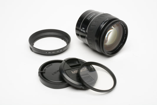 Minolta Xi AF 28-105mm f3.5-4.5 Power zoom lens, caps, hood, UV, Great!