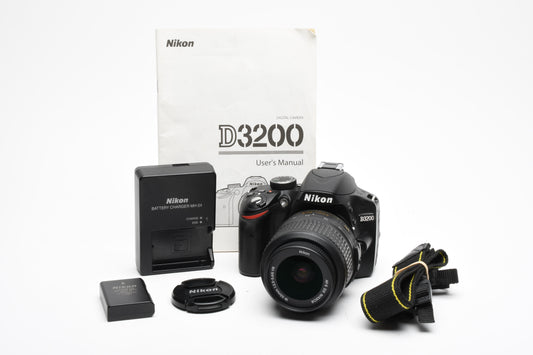 Nikon D3200 DSLR w/18-55mm f3.5-5.6 VR lens, batt+charger+strap 1839 Acts!