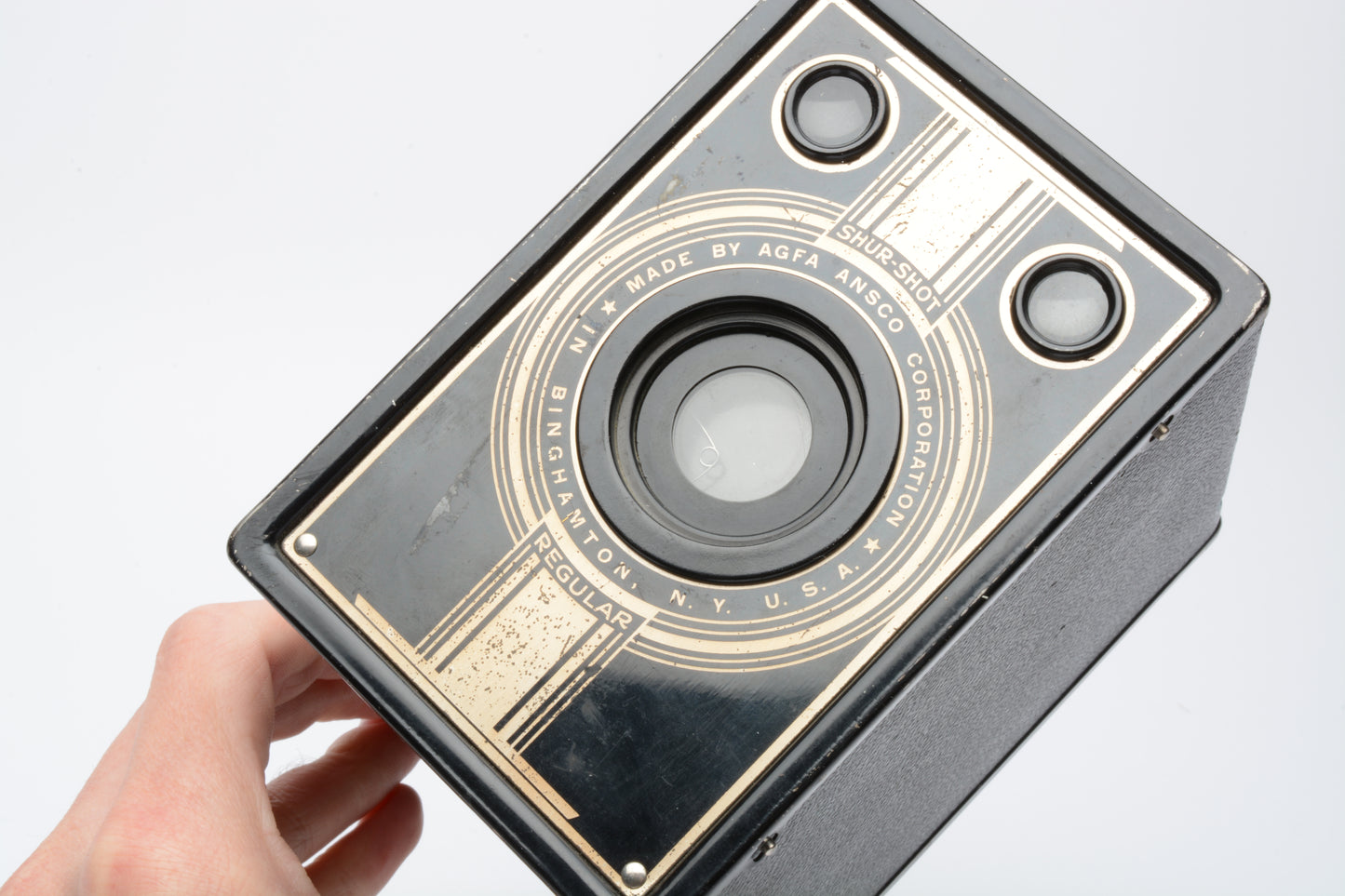 Vintage Agfa Ansco D6 Shureshot Regular Gold & Black box camera, nice!