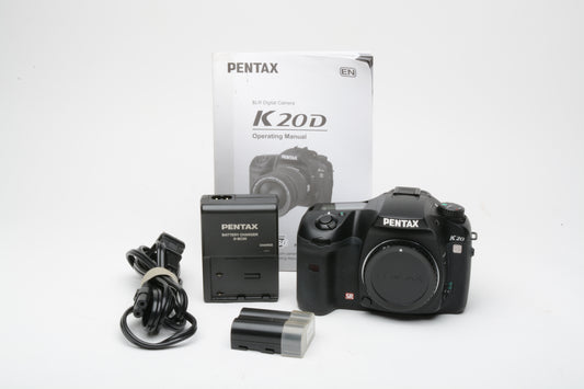 Pentax K20D DSLR Body, batt+charger+manuals, Only 564 Acts!