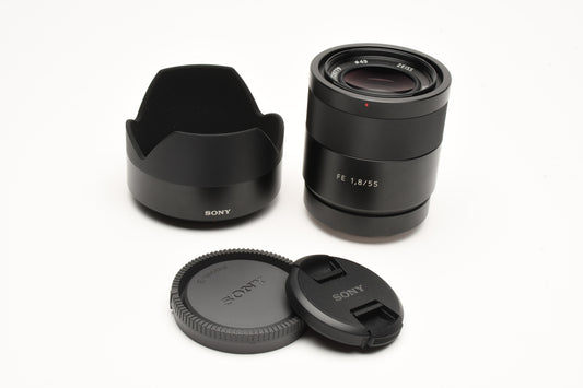 Sony Sonnar T* FE 55mm f1.8 ZA Carl Zeiss Lens for Sony E Mount, Hood, Mint-