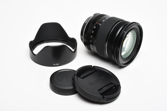 Fujifilm Super EBC XF 16-80mm f4 R OIS WR zoom lens, Hood+Caps, Mint-
