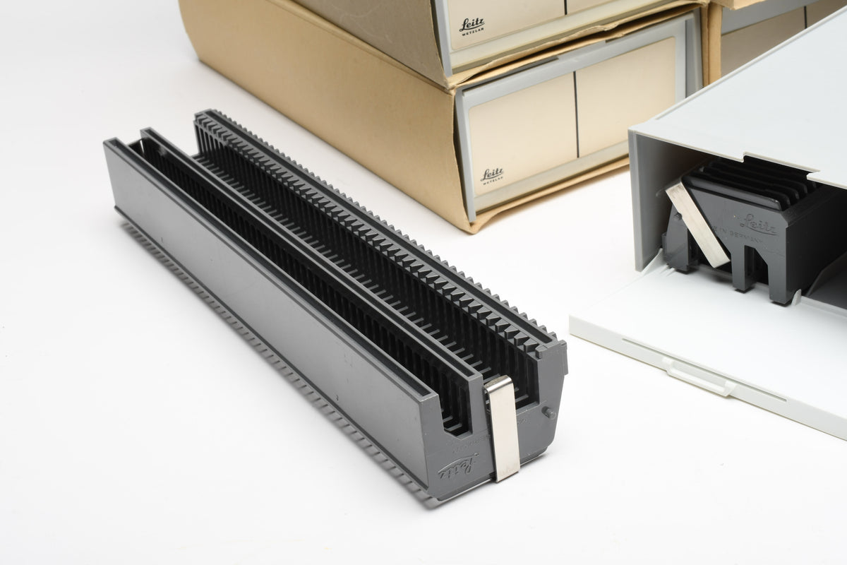 8X Leica Leitz straight slide trays holds 100 35mm slides (2x 50 slot trays per box, 8 boxes)