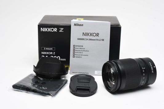 Nikon Nikkor Z 24-200mm f4-6.3 VR zoom lens, Caps, Hood, Boxed, USA, Read*