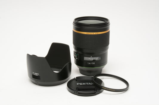 Pentax HD Pentax-D FA 50mmF1.4 SDM AW Prime lens, hood, B+W UV, Caps, Box