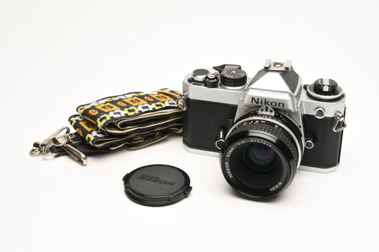 Nikon FE 35mm SLR w/50mm f/2, Strap, New Seals! Great! Very clean