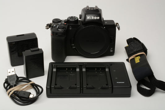 Nikon Z50 Mirrorless Body, Nikon battery, dual charger, strap, 17k acts