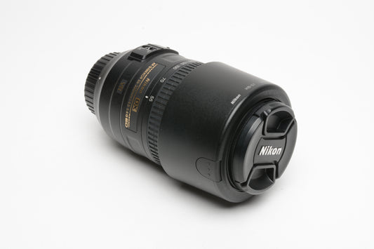 Nikon AF-S VR Nikkor 55-300mm f4.5-5.6 G ED DX lens, caps, lens hood, manual, +UV