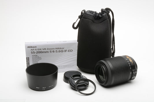 Nikon AF-S 55-200mm f4-5.6G ED VR DX, caps, UV filter, Hood, Pouch, Manual, Mint-