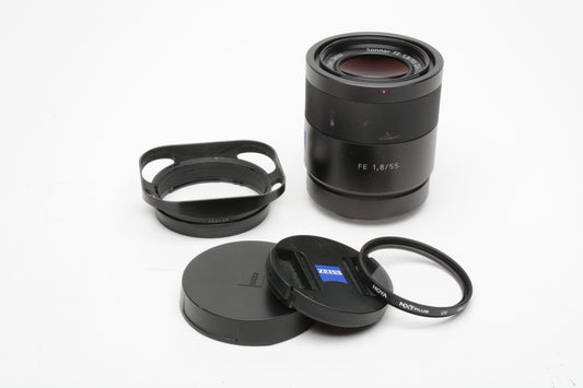 Sony Zeiss 55mm f1.8 FE SEL55F18Z, Caps, Hood, UV, sharp, Great!
