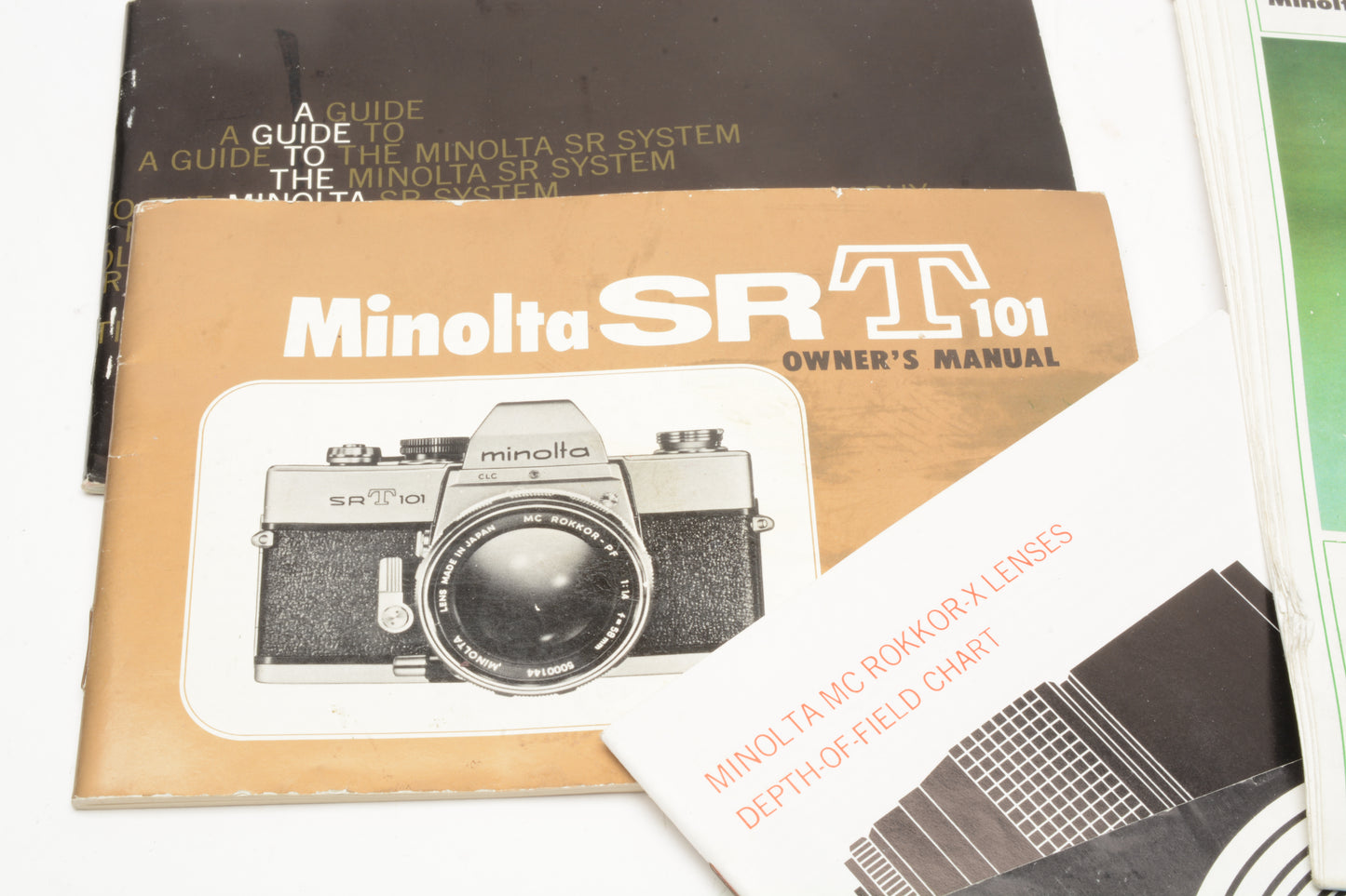 Minolta SRT-101 Chrome 35mm SLR Body Only, cap+manuals+new seals, Tested