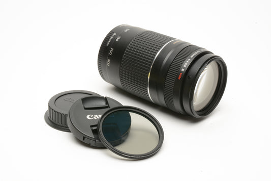 Canon EF 75-300mm f4-5.6 III USM Telephoto zoom lens, caps, CPL, Great!